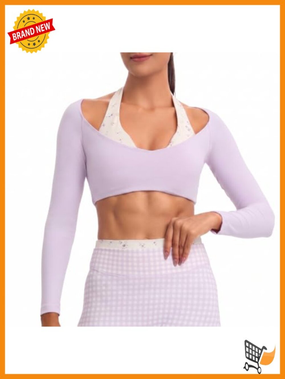 Dual Core Halter Long Sleeve Crop Top Activewear Layered V-Neck